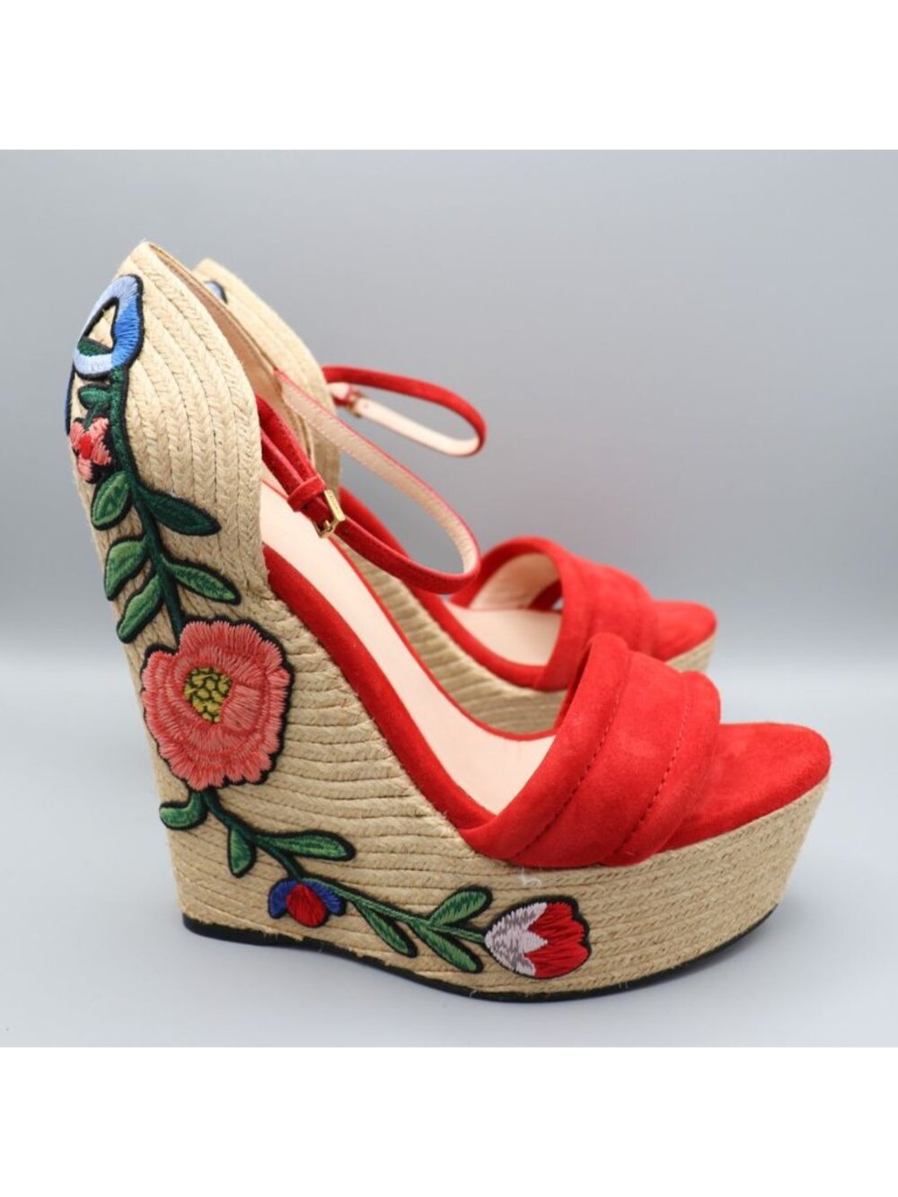 Gucci Ophelia Hibiscus Red Suede Floral Crewel Wedge Platform Espadrille 38 Box - Picture 7 of 16